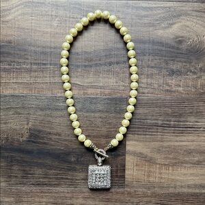 Heidi Daus Gold Brass Pearl Toggle Necklace w/ Crystal  Square Pendant, READ